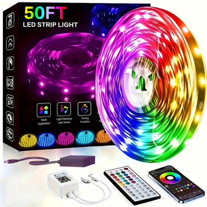 RGB LED Light Strip 50ft to 260ft – Color Changing with 44-Key Remote Control, DIY Mode, Dimmable, for Bedroom, Living Room, Christmas, Holiday Party & Home Decoration