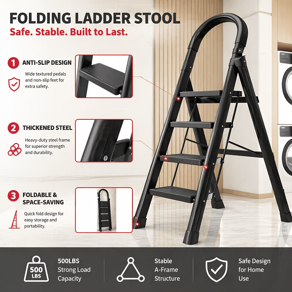 Heavy Duty Folding Step Ladder 500 Lbs Capacity - 2/3/4/5 Step Portable Non-Slip Ladder, Lightweight Durable Plastic, Foldable Step Stool for Home, Kitchen, Office & Industrial Use