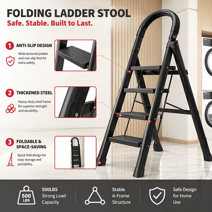 Heavy Duty Folding Step Ladder 500 Lbs Capacity - 2/3/4/5 Step Portable Non-Slip Ladder, Lightweight Durable Plastic, Foldable Step Stool for Home, Kitchen, Office & Industrial Use