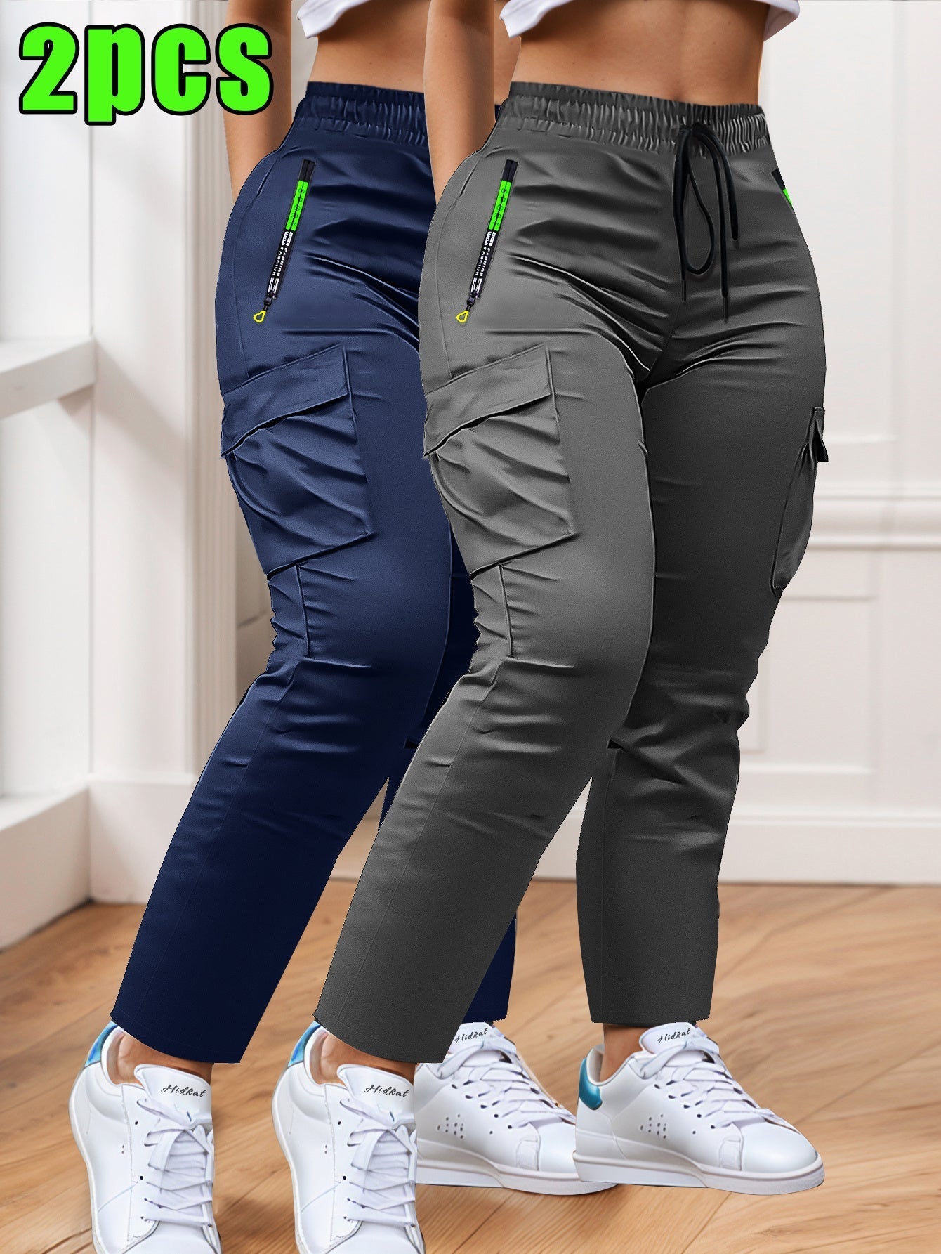 Women's Cargo Pants 2-Pack Multi-Pocket Slim Fit Straight Leg – Drawstring Waist Zip Pockets Casual Trousers for Outdoor Work Everyday Wear XS-XXL