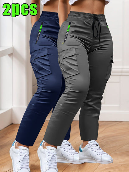 Women's Cargo Pants 2-Pack Multi-Pocket Slim Fit Straight Leg – Drawstring Waist Zip Pockets Casual Trousers for Outdoor Work Everyday Wear XS-XXL