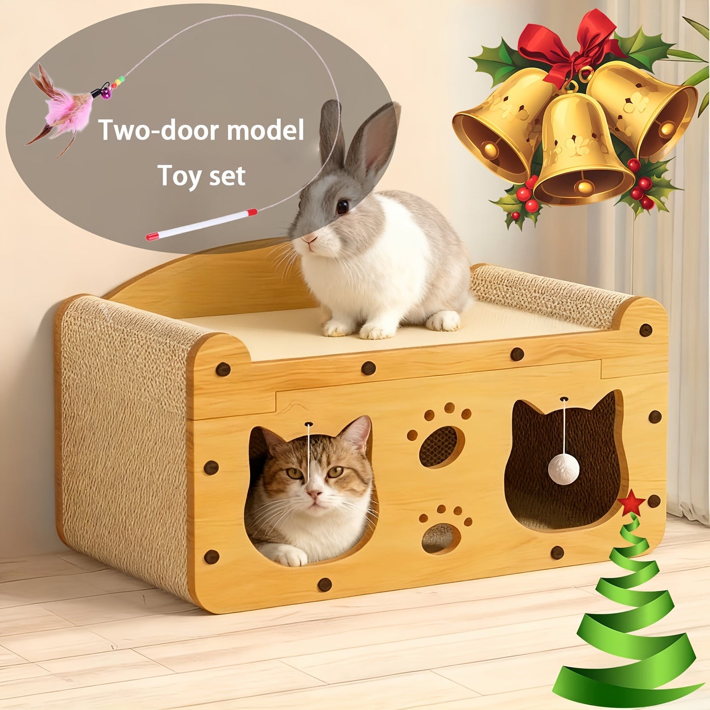 Large Cat House with Scratcher Pads & Plush Ball Toys – Ventilated Indoor Outdoor Cat Shelter, Choose Single Door, Double Door or Luxury Double-Layer Design, Great Cat Gift