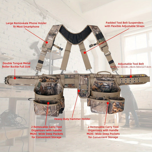 Heavy Duty Tool Belt with Suspenders 5-Piece Set – 1680D Ballistic Fabric, Carpenter Framer Construction Pouch with Phone Holder & Hammer Loop, Fits Electricians, Roofers & Contractors