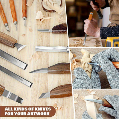 Wood Carving Knife Set PU Case 15-23 Piece Whittling Kit Chisel Hook Detail Geometric Knife Safety Gloves Leather Strop Basswood Block Art Craft Gift