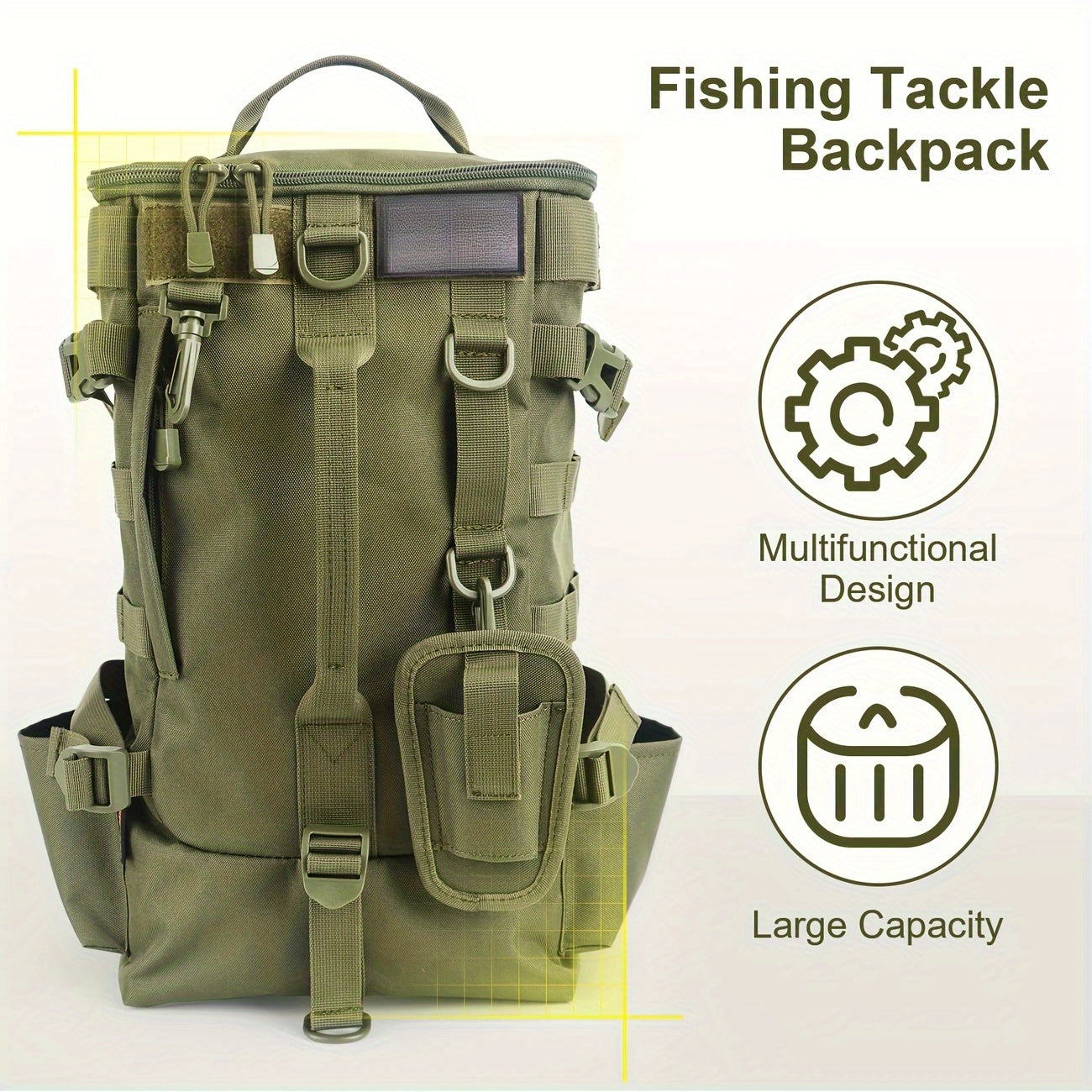 Lightweight Fishing Backpack 2-Piece Set Waterproof Nylon Angler Daypack with Scissors Pouch Zipper Tackle Organizer for Outdoor Hiking Travel Black Army Green Khaki