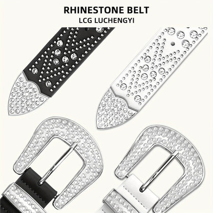 Studded Rhinestone Belt for Men & Women – Bling Y2K Western Cowboy Cowgirl Faux Leather Belt with Gold Metal Buckle, Punk Style, Sizes 28–44