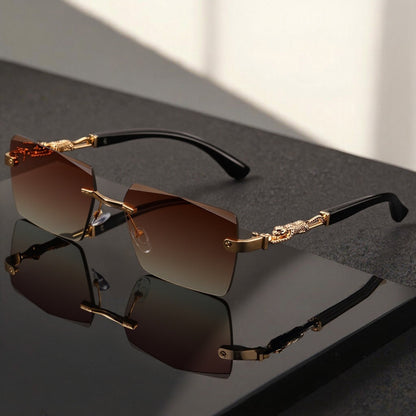 Unisex Luxury Frameless Sunglasses with Leopard Arms - UV400 Narrow Rectangular Lens Black & Gold Fashion Eyewear for Men & Women, Includes Protective Case & Cleaning Cloth for Driving Travel & Parties