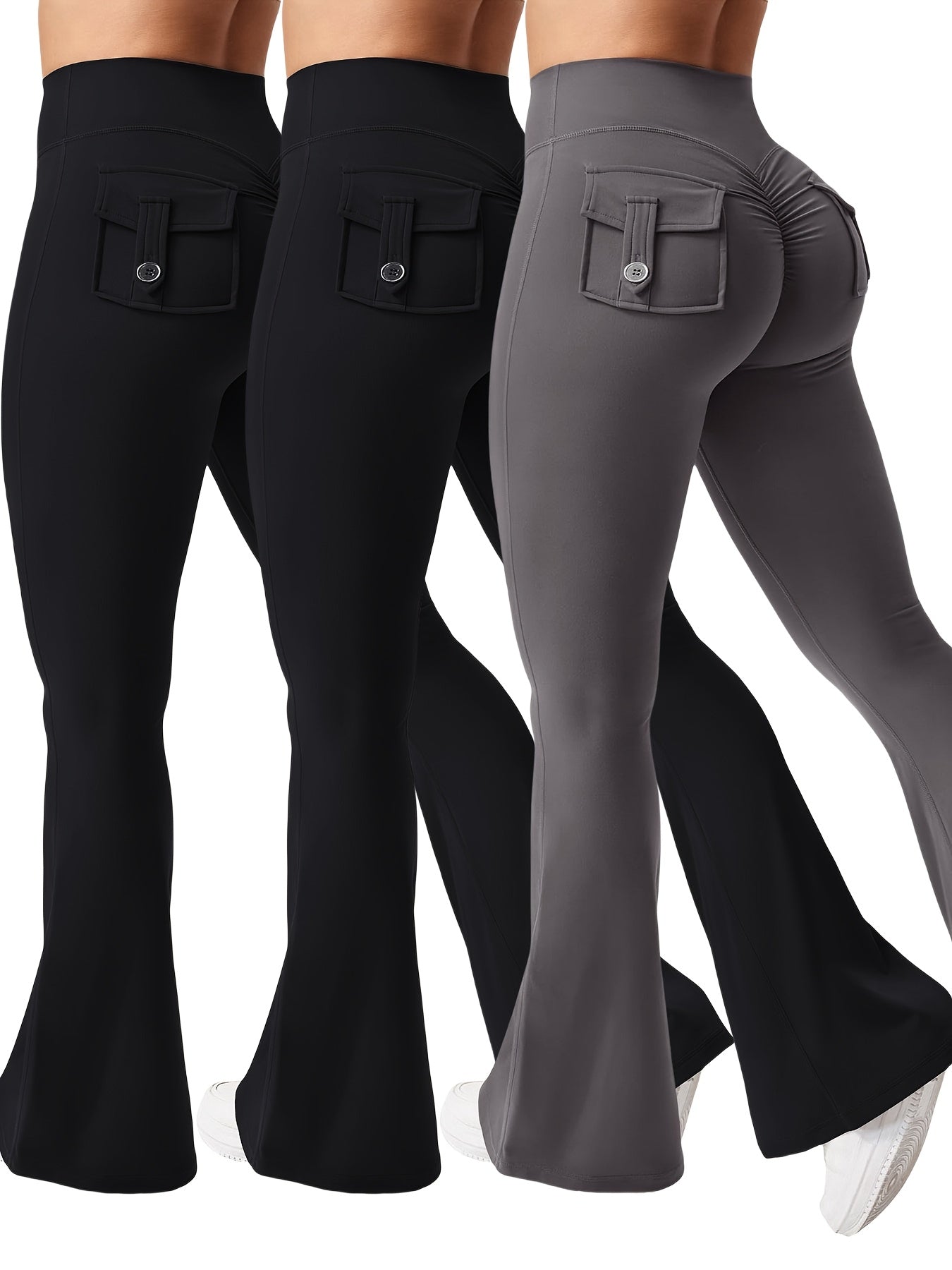 Women's 3-Piece High Waist Flare Yoga Pants Set with Belt and Pockets, Scrunch Butt Lifting Squat Proof 90% Polyester Stretchy Flared Leggings for Workout Gym Running Casual Wear