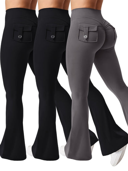 Women's 3-Piece High Waist Flare Yoga Pants Set with Belt and Pockets, Scrunch Butt Lifting Squat Proof 90% Polyester Stretchy Flared Leggings for Workout Gym Running Casual Wear