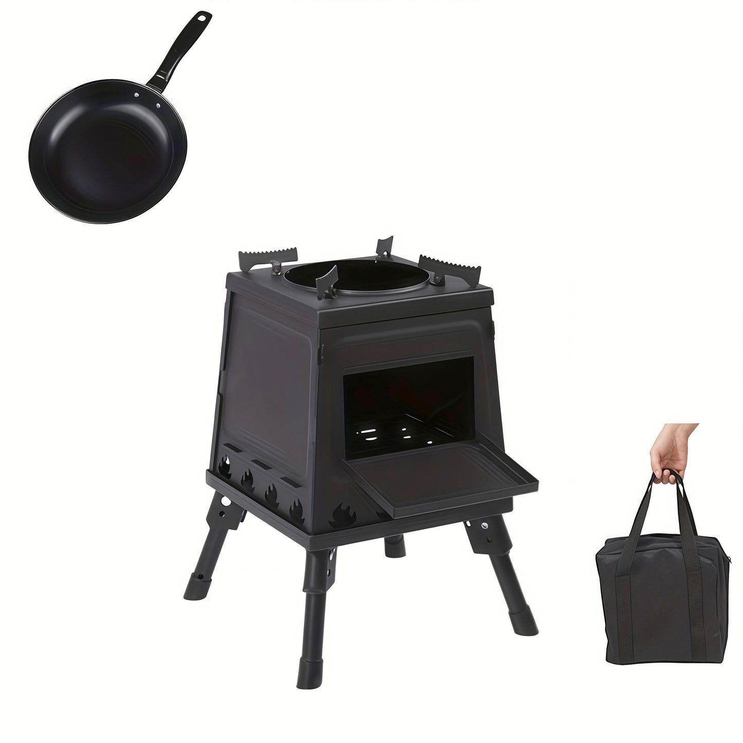 Heavy-Duty Wood Burning Camp Stove with Sturdy Legs & Air Vents – Portable Outdoor Campfire Stove for Hiking, Backpacking, Picnic & BBQ, Firewood Compatible, No Electricity Needed, Black or Boiler Set