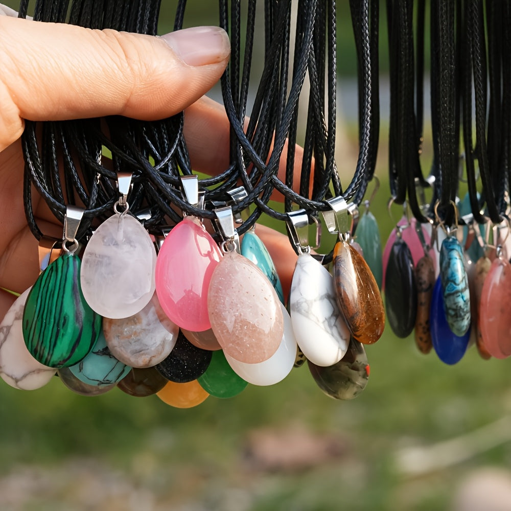40pcs Natural Crystal Teardrop Pendant Necklace Set – Multi-Color Stone Pendants with Faux Leather Cord, Boho Elegant Jewelry Bulk Pack for Holiday Party DIY Crafts Gift