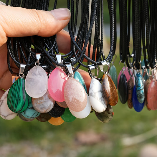 40pcs Natural Crystal Teardrop Pendant Necklace Set – Multi-Color Stone Pendants with Faux Leather Cord, Boho Elegant Jewelry Bulk Pack for Holiday Party DIY Crafts Gift