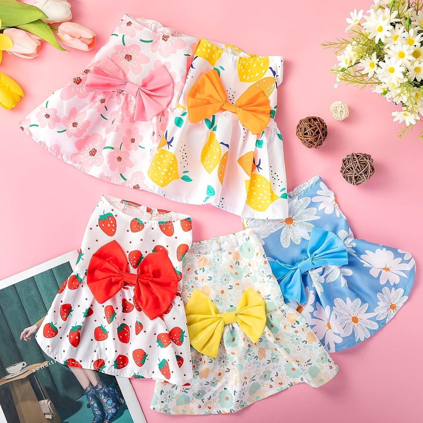 5pcs Dog Dress Set for Small Dogs Floral Princess Bow Puppy Dresses Soft Polyester Pet Costume for Yorkies Chihuahuas Cats Small Pets All Seasons 5 Cute Styles