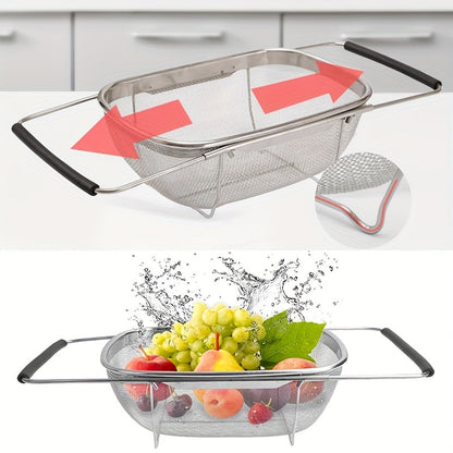 Expandable Stainless Steel Colander Strainer – Fine Mesh Drain Basket for Vegetables Fruits Pasta, Food-Safe Kitchen Essentials, Adjustable Size, Easy Storage