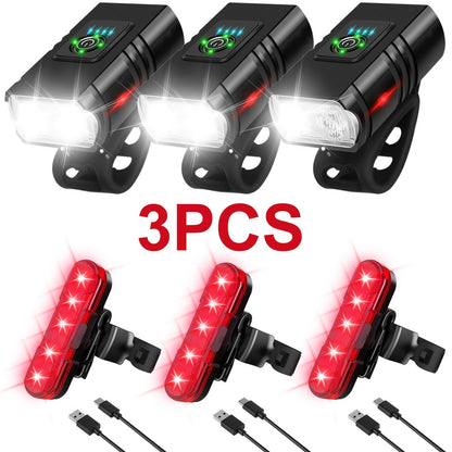 LED Bike Light Set USB-C Rechargeable 1500 Lumen – Front & Rear Bicycle Lights, 6+4 Modes, Waterproof, Power Display, Fast Charging, Safe Night Cycling Light for Road Mountain Bike