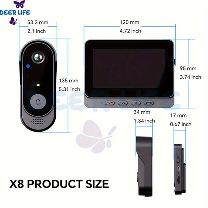 Wireless Video Doorbell Camera with Monitor, No Subscription HD Smart Doorbell with Night Vision, Two-Way Talk, 4.3-Inch Screen & 128GB Storage for Home Security