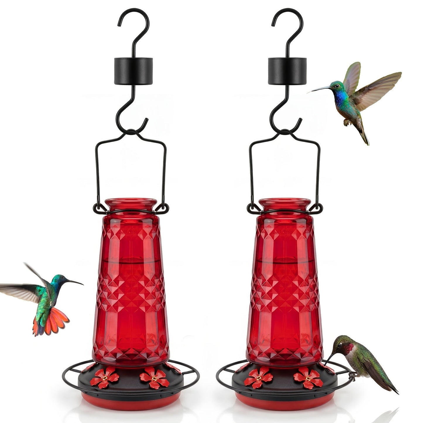 Glass Hummingbird Feeder for Outdoors Hanging – 24 Oz Nectar Feeder with 6 Feeding Ports, Ant Moat & Leak-Proof Design, 1 or 2 Pack, Red, Blue & Purple, Garden Patio Gift for Bird Lovers