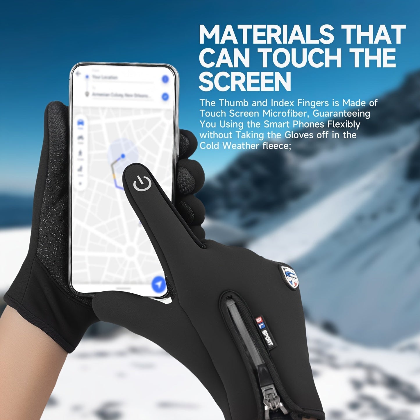Windproof Waterproof Winter Sports Gloves with Touchscreen & Anti-Slip Grip – Warm Cycling Skiing Gloves for Men & Women, 100% Polyester, Zipper Closure, Sizes M-XL