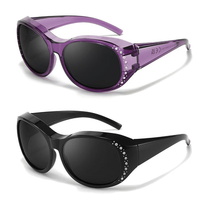 2-Pack Women's Polarized Fit Over Glasses for Prescription Eyeglasses – Rhinestone Accent Wraparound Sunglasses, Anti-Glare Polarized Lenses, No Adapter Needed, Multiple Color Options