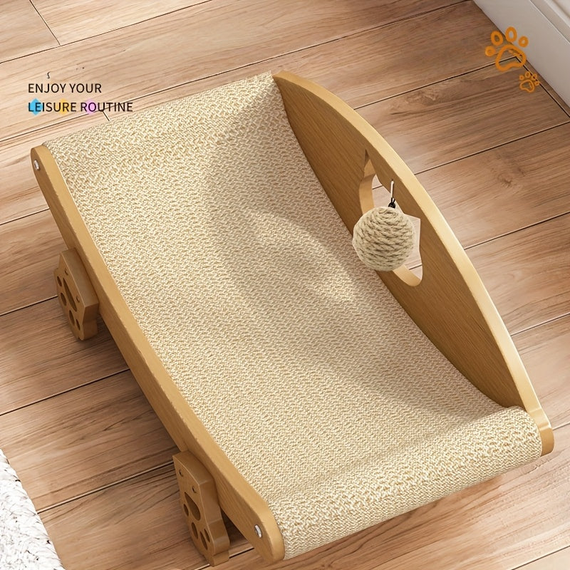 Natural Sisal Cat Scratcher Lounge Chair with Hanging Ball Toy – Solid Wood Curved Cat Bed Scratching Pad, Anti-Scratch Kitty Sofa, Furniture Protector for Indoor Cats