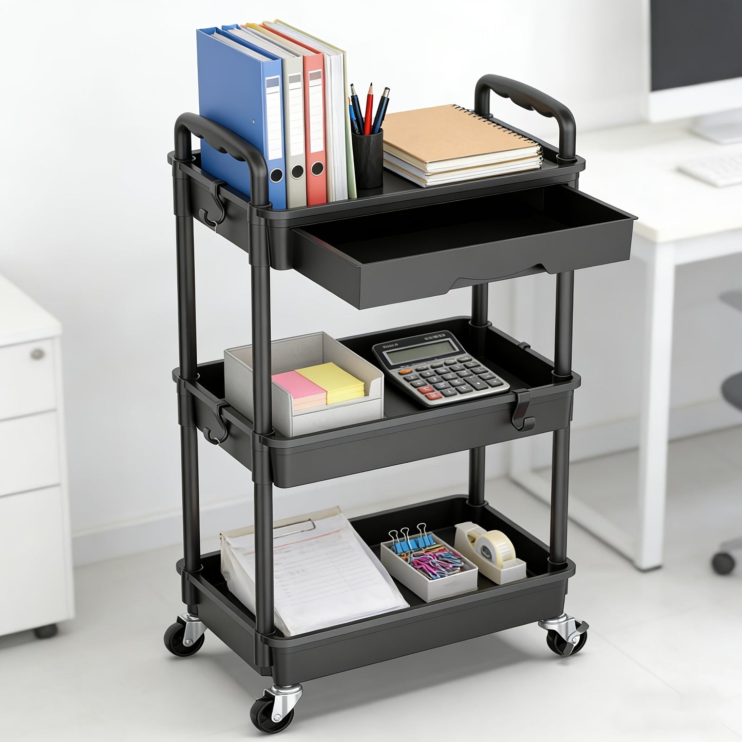 Rolling Storage Cart 3-Tier & 4-Tier with Drawer & Lockable Wheels Multifunctional Plastic Shelf Organizer for Kitchen Bathroom Living Room Office – 7 Colors