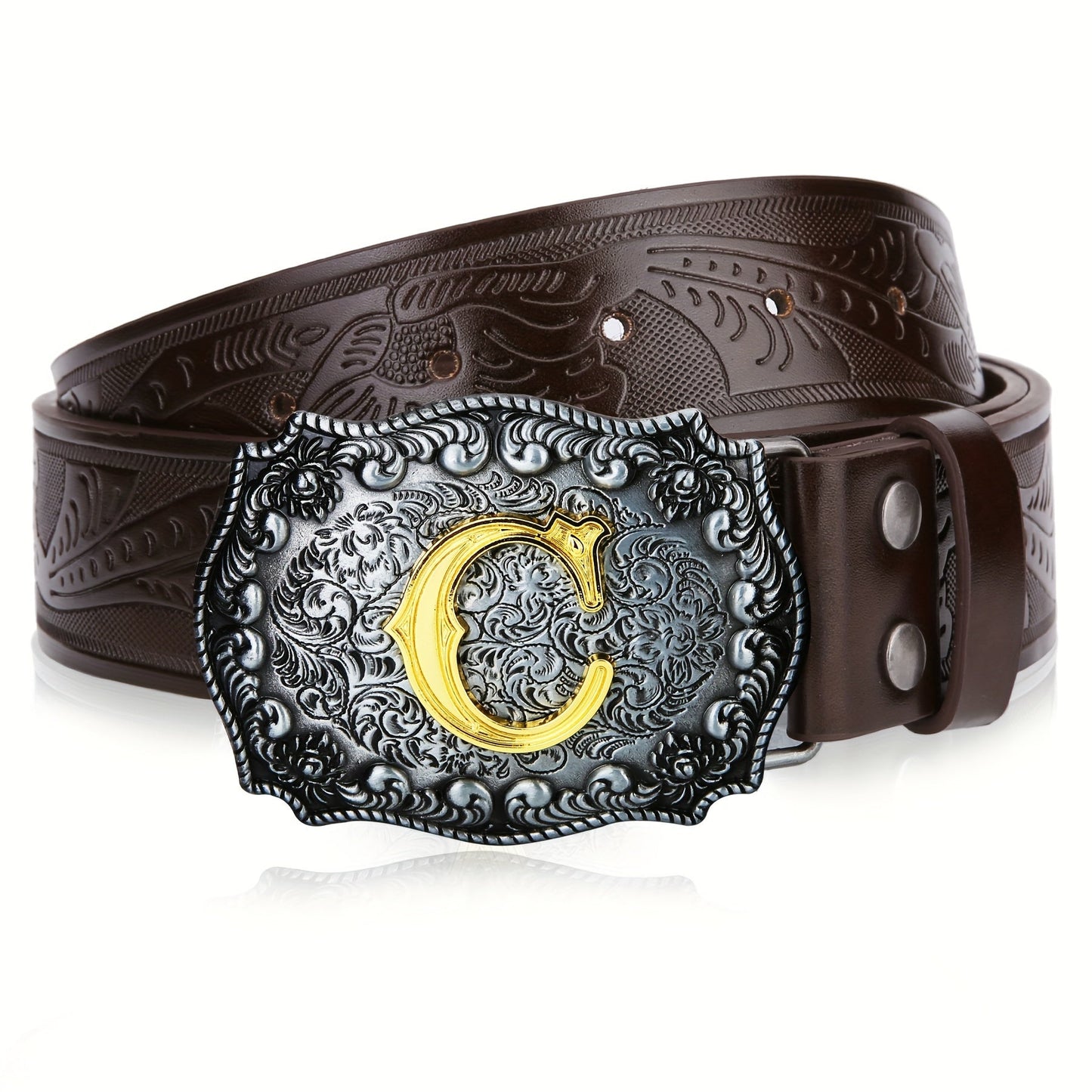 Western Cowboy Belt for Men & Women Embossed Floral Faux Leather – Longhorn Bull Pattern Big Buckle Zinc Alloy, Sizes 34-44, Stylish Durable Country Western Dress Belt Gift for Christmas Father's Day