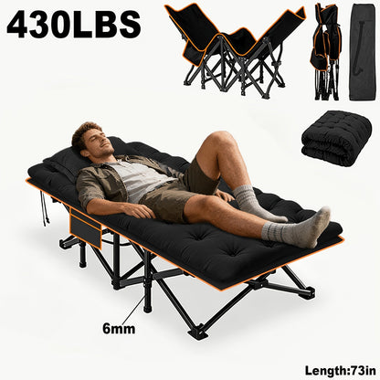 Heavy Duty Folding Bed with Optional Mattress up to 630 LBS – Portable Camping Cot with Multi-Leg Support, Side Pockets & Pillow, 59–77 Inch All Season Guest Napping Bed Space Saving
