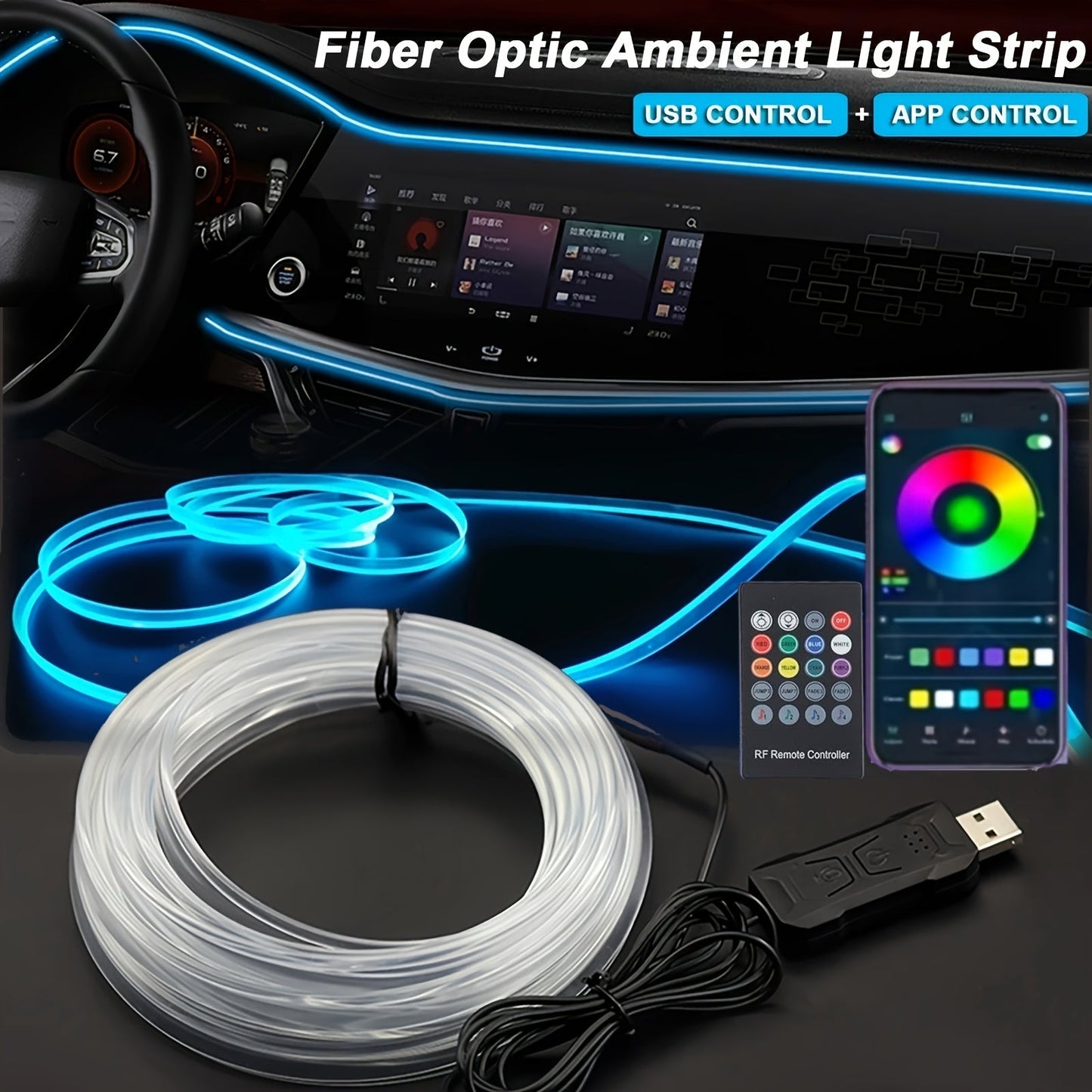 Car Interior LED Ambient Light Kit 7-Color RGB App Control with Music Sync Rhythm 3M Strip for Doors Console Dashboard – Wireless Car Atmosphere Lighting Underglow Accent Lights