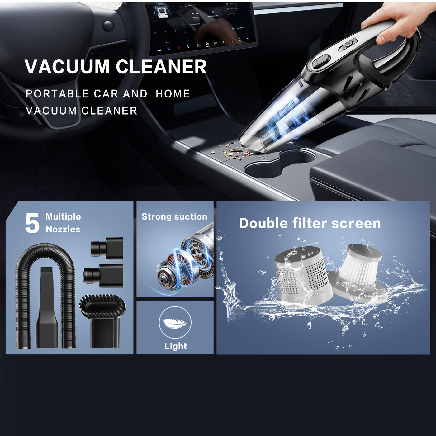 Handheld Car Vacuum Cleaner 6000PA 2000mAh Rechargeable 40dB Low Noise 5 Accessories for Car Home Pet Hair Pink