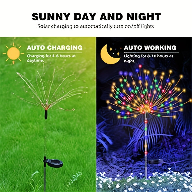 Solar Firework Lights Outdoor 2 Pack – 120 to 840 LED Waterproof Starburst Ground Stake Lights for Garden, Pathway, Lawn, Patio, Christmas, Halloween & Wedding Decoration, Warm White & Colorful