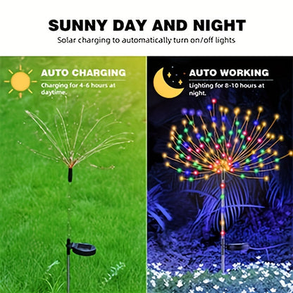 Solar Firework Lights Outdoor 2 Pack – 120 to 840 LED Waterproof Starburst Ground Stake Lights for Garden, Pathway, Lawn, Patio, Christmas, Halloween & Wedding Decoration, Warm White & Colorful