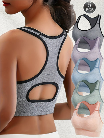 Women's Seamless Sports Bra 5-Pack – Wire-Free Soft Yoga Gym Bra, Opaque Stretch Fabric, Comfortable Everyday Fitness Bralette Set for Workout, Yoga & Casual Wear