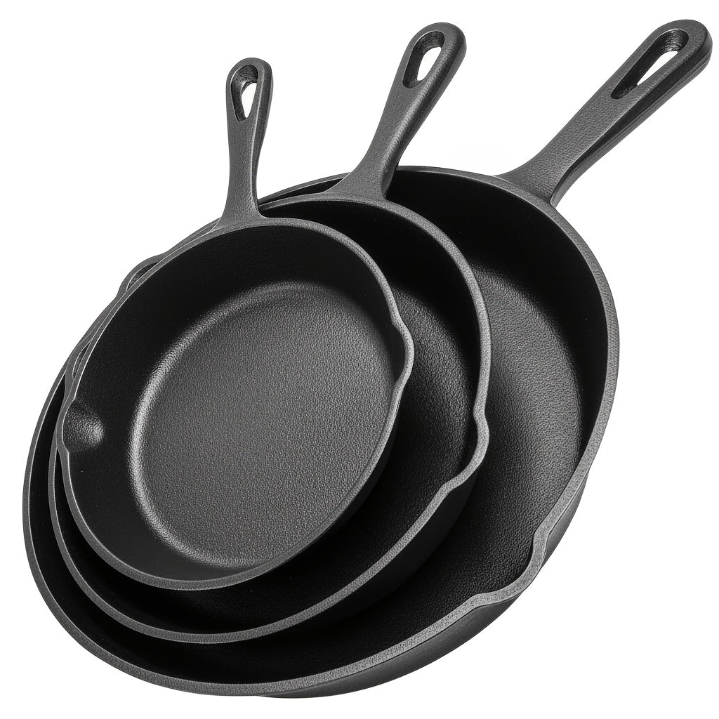 3pcs Cast Iron Skillet Set with Drip Spout – Pre-Seasoned Non-Stick Heavy Duty Cookware for Holiday Cooking, RV Camping, Campfire Meals, Oven & Stovetop Safe Kitchen Gift