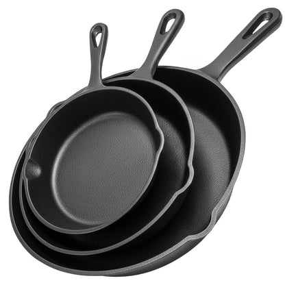 3pcs Cast Iron Skillet Set with Drip Spout – Pre-Seasoned Non-Stick Heavy Duty Cookware for Holiday Cooking, RV Camping, Campfire Meals, Oven & Stovetop Safe Kitchen Gift