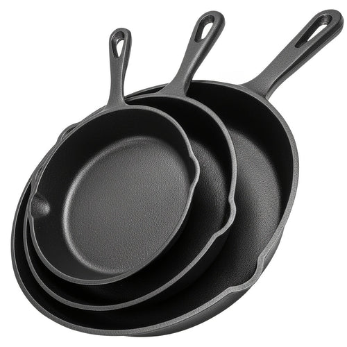 3pcs Cast Iron Skillet Set with Drip Spout – Pre-Seasoned Non-Stick Heavy Duty Cookware for Holiday Cooking, RV Camping, Campfire Meals, Oven & Stovetop Safe Kitchen Gift