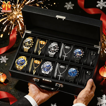 12-Piece Men's Watch & Hip-Hop Jewelry Gift Set – 3 Quartz Analog Watches + 9pc Bracelet, Necklace & Ring Set, Perfect Christmas & Birthday Gift for Men