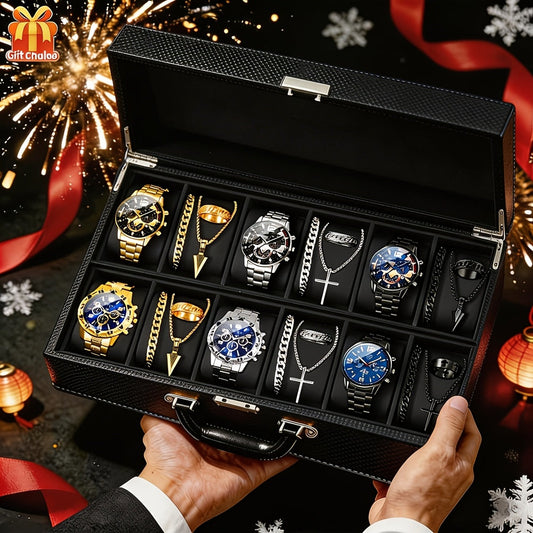 12-Piece Men's Watch & Hip-Hop Jewelry Gift Set – 3 Quartz Analog Watches + 9pc Bracelet, Necklace & Ring Set, Perfect Christmas & Birthday Gift for Men