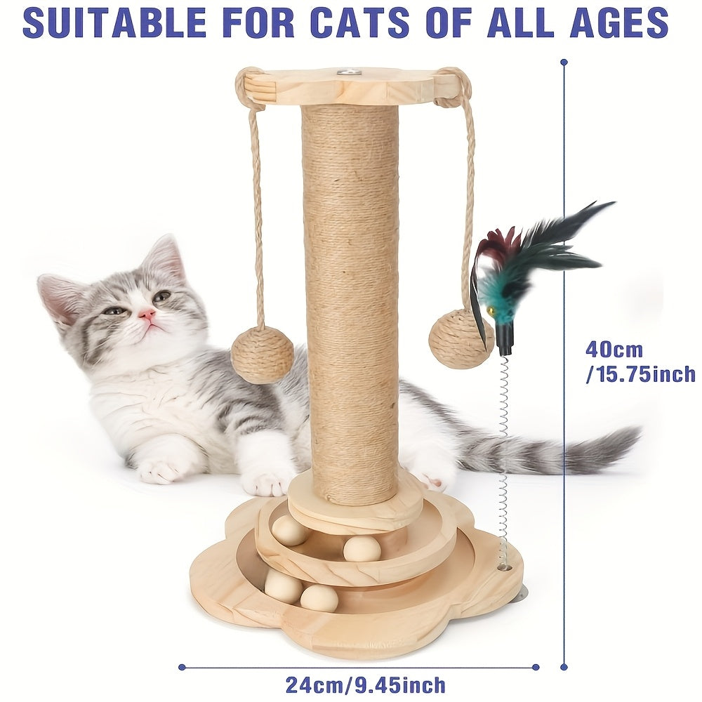 5-in-1 Wooden Cat Scratching Post Toy for Indoor Cats Tall Sisal Post 2-Level Track Ball Interactive Feather Toy Hanging Balls Cat Furniture for Kittens Adults