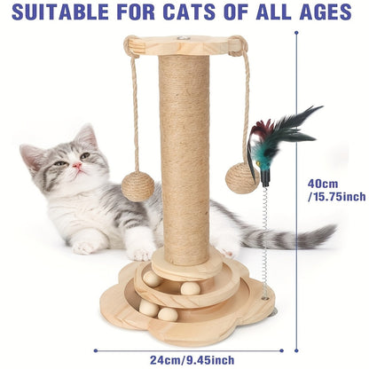 5-in-1 Wooden Cat Scratching Post Toy for Indoor Cats Tall Sisal Post 2-Level Track Ball Interactive Feather Toy Hanging Balls Cat Furniture for Kittens Adults