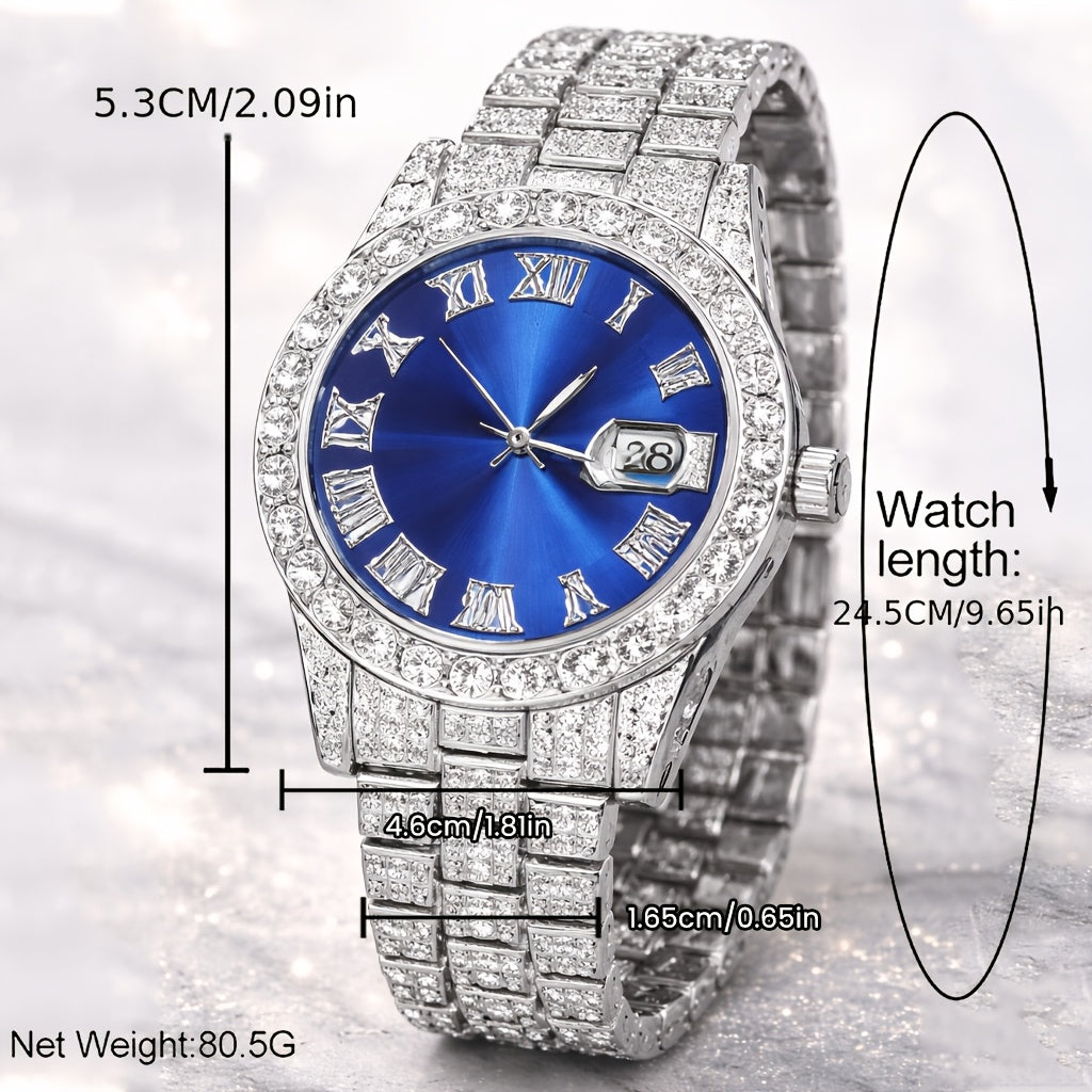 Cuban Link Hip Hop Jewelry Set for Men & Women – Necklace Pendant Bracelet & Blue Dial Watch, Unisex Streetwear Bling, Gold & Silver Tone, Party Daily Gift