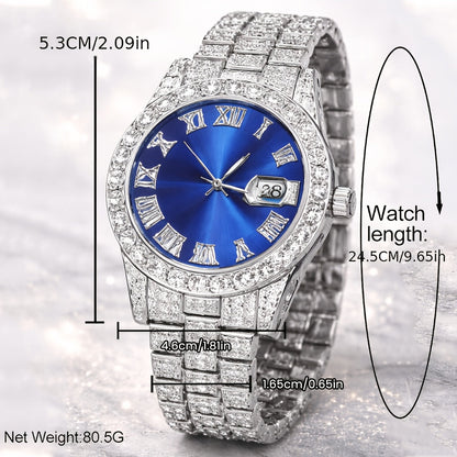 Cuban Link Hip Hop Jewelry Set for Men & Women – Necklace Pendant Bracelet & Blue Dial Watch, Unisex Streetwear Bling, Gold & Silver Tone, Party Daily Gift