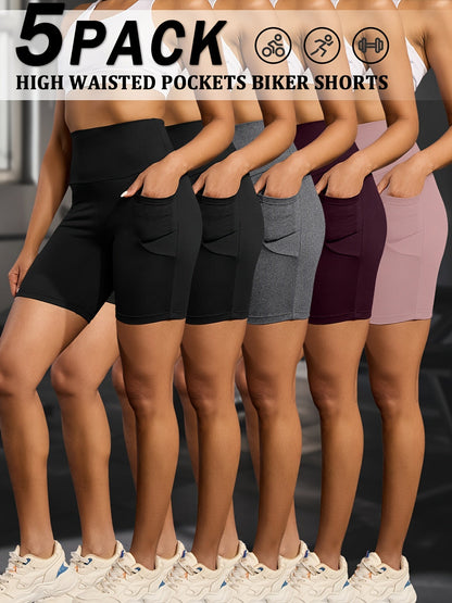 Women's High Waisted Biker Shorts 5 Pack with Pockets – Tummy Control No See-Through Workout Shorts, 6" Inseam, Super Soft High-Elasticity Athletic Shorts for Running, Yoga, Gym & Summer Training