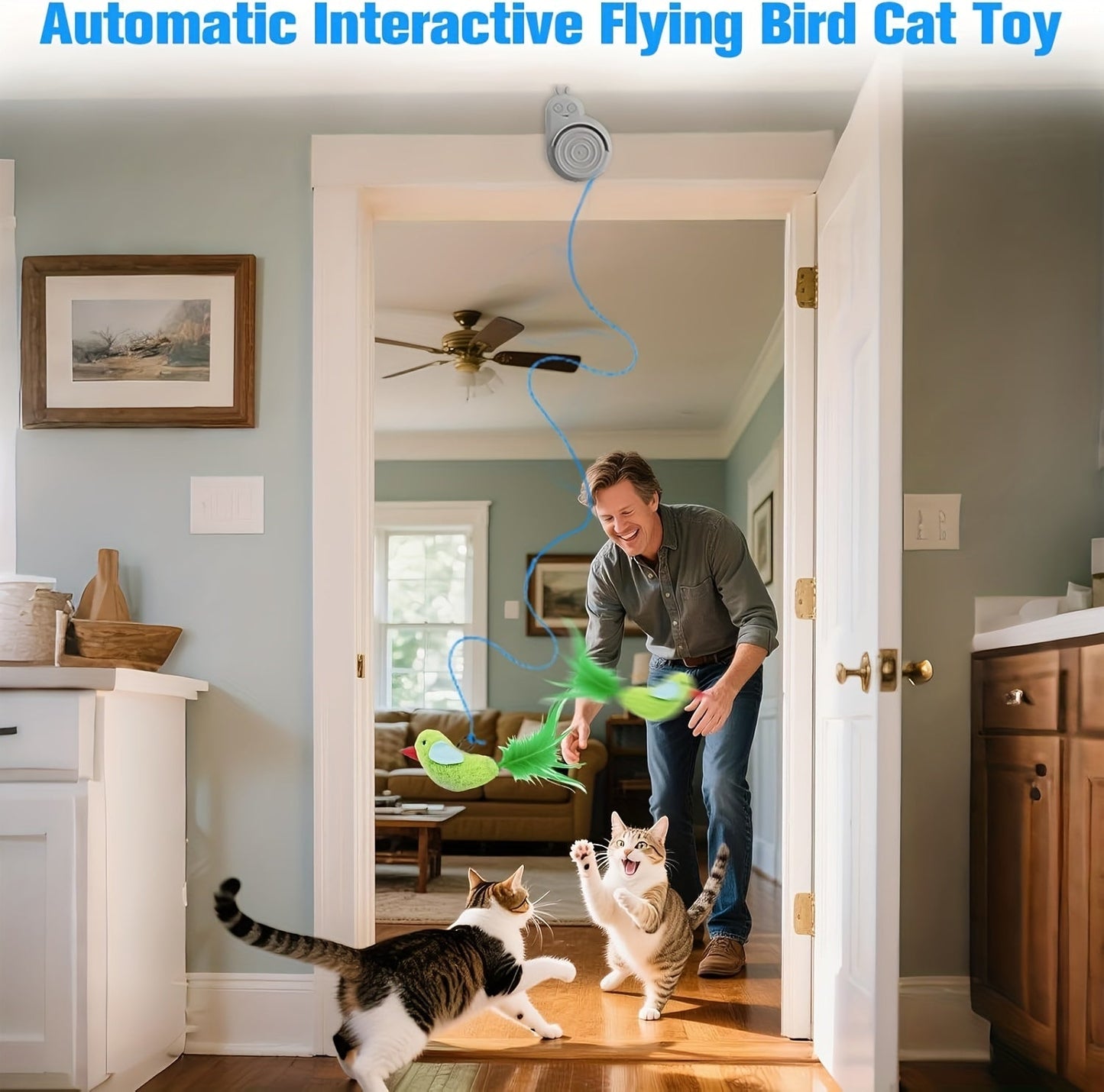 Interactive Cat Toy for Indoor Cats – Automatic Electric Flying Bird Feather Stick-On Hanging Self-Play Kitten & Adult Cat Enrichment Toy for Bored Cats, White Blue Grey