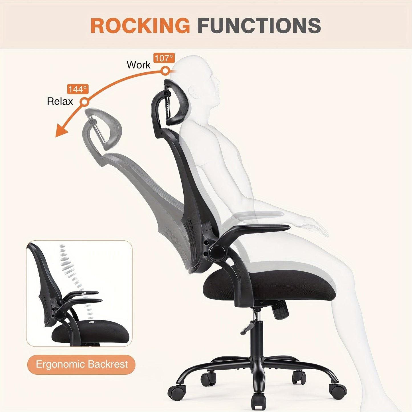 Ergonomic High Back Mesh Office Chair with Adjustable Headrest, Lumbar Support & Flip-Up Armrests – Stainless Steel Frame, Padded Seat, 5-Wheel Rolling Base – Home Office, Lab & Desk Chair (Black/Gray)