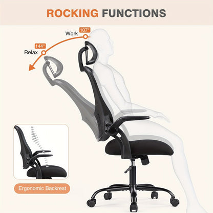 Ergonomic High Back Mesh Office Chair with Adjustable Headrest, Lumbar Support & Flip-Up Armrests – Stainless Steel Frame, Padded Seat, 5-Wheel Rolling Base – Home Office, Lab & Desk Chair (Black/Gray)