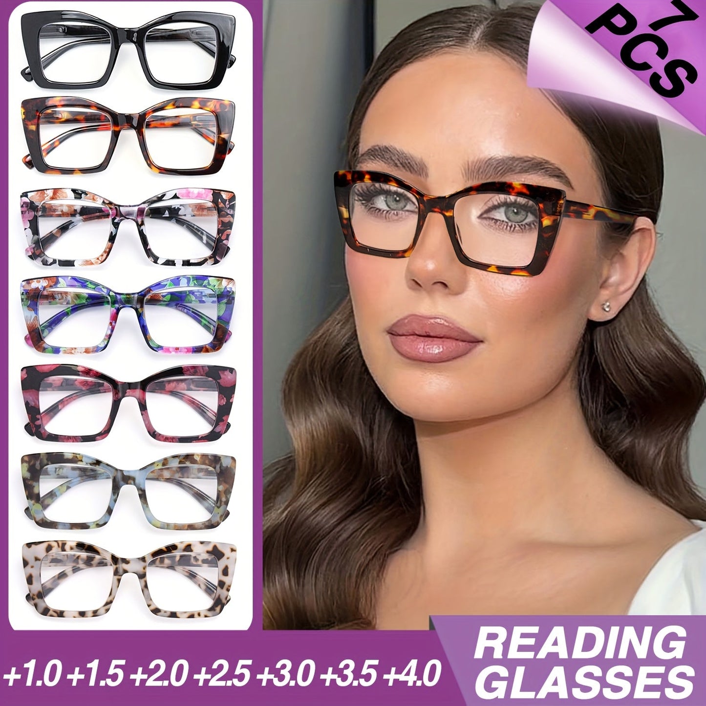 Women's Reading Glasses Set 7 Pairs – Large Square Vintage Style, Spring Hinges, +1.0 to +4.0 Magnification, Durable PC Frame, Stylish Everyday Eyewear for Women