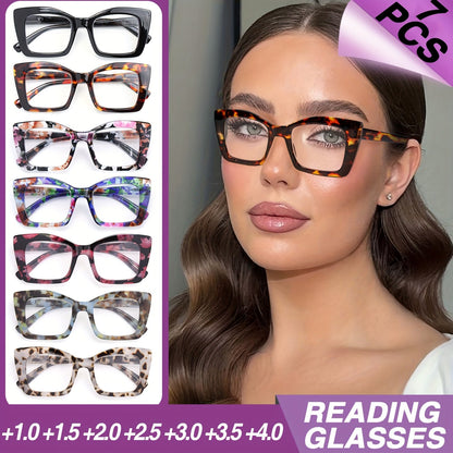 Women's Reading Glasses Set 7 Pairs – Large Square Vintage Style, Spring Hinges, +1.0 to +4.0 Magnification, Durable PC Frame, Stylish Everyday Eyewear for Women