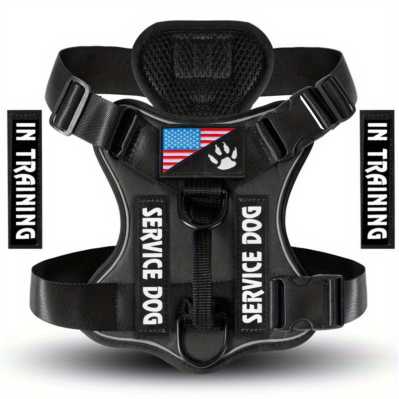 No-Pull Dog Harness Set Reflective Vest with 5 Patches – Adjustable Soft Oxford Mesh Service Dog Harness Front & Back Clip for Small Medium Large Dogs XS to XL