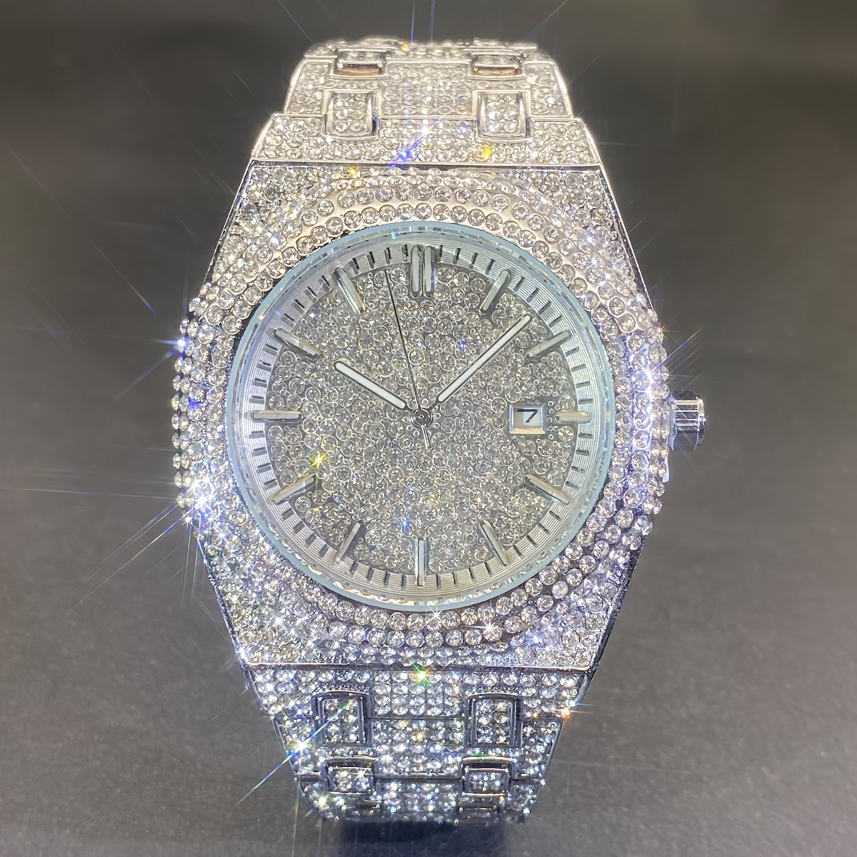 MISS FOX Glam Quartz Watch – Hip Hop Cuban Link, Rhinestone Accents, Luminous Calendar, Alloy Band, Unisex Luxury Fashion Watch for Men & Women, Silver & Gold