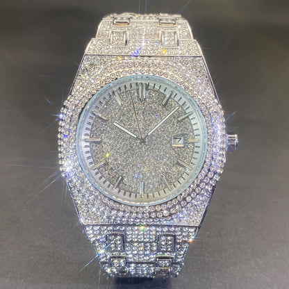 MISS FOX Glam Quartz Watch – Hip Hop Cuban Link, Rhinestone Accents, Luminous Calendar, Alloy Band, Unisex Luxury Fashion Watch for Men & Women, Silver & Gold